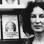 A black and white photo of a young Margaret Atwood