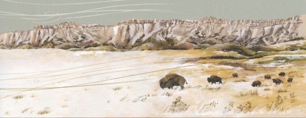 A painting of buffalo on a plain
