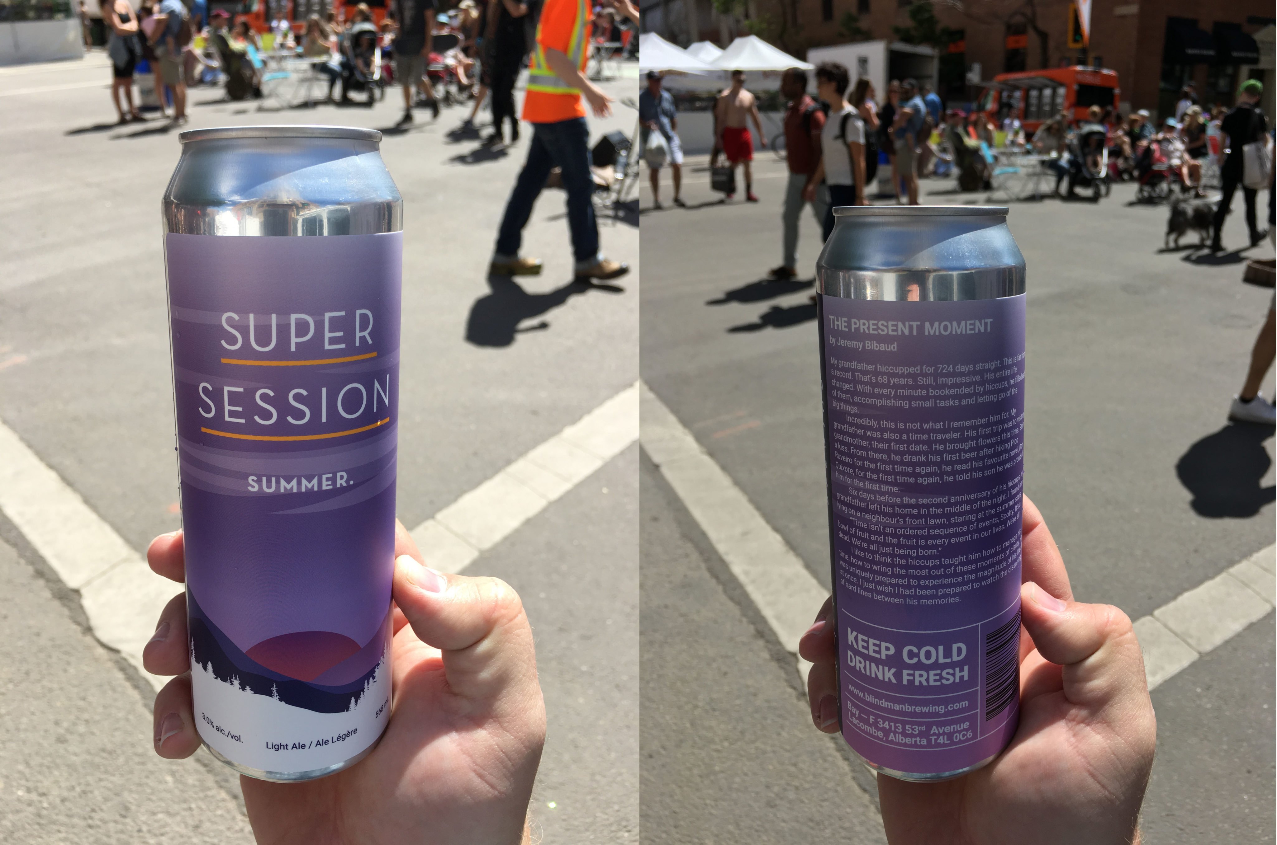A can of Super Session Summer beer as seen from the front and back. The back of the can is inscribed with micro-fiction.