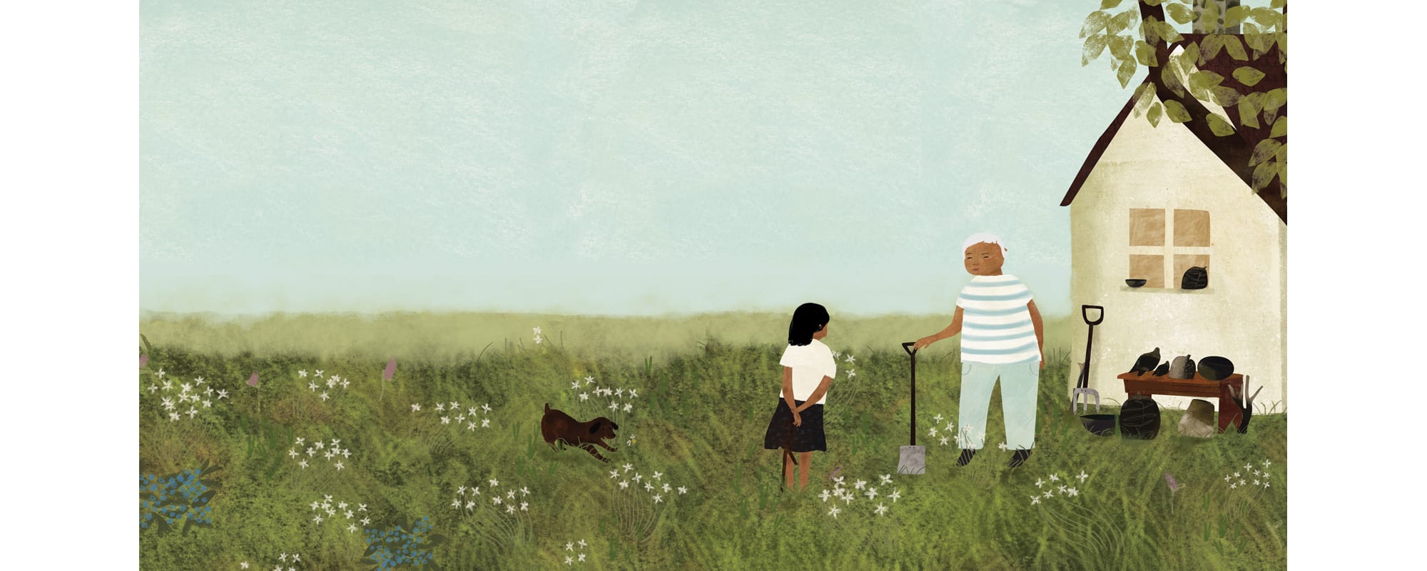 An illustration by Julie Flett of a young girl and an old woman in a field beside a small building