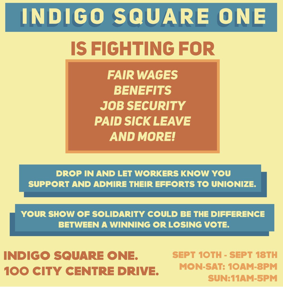 An Instagram post calling for unionization at Indigo Square One reads "Indigo Square One is fighting for fair wages, benefits, job security, paid sick leave, and more!"