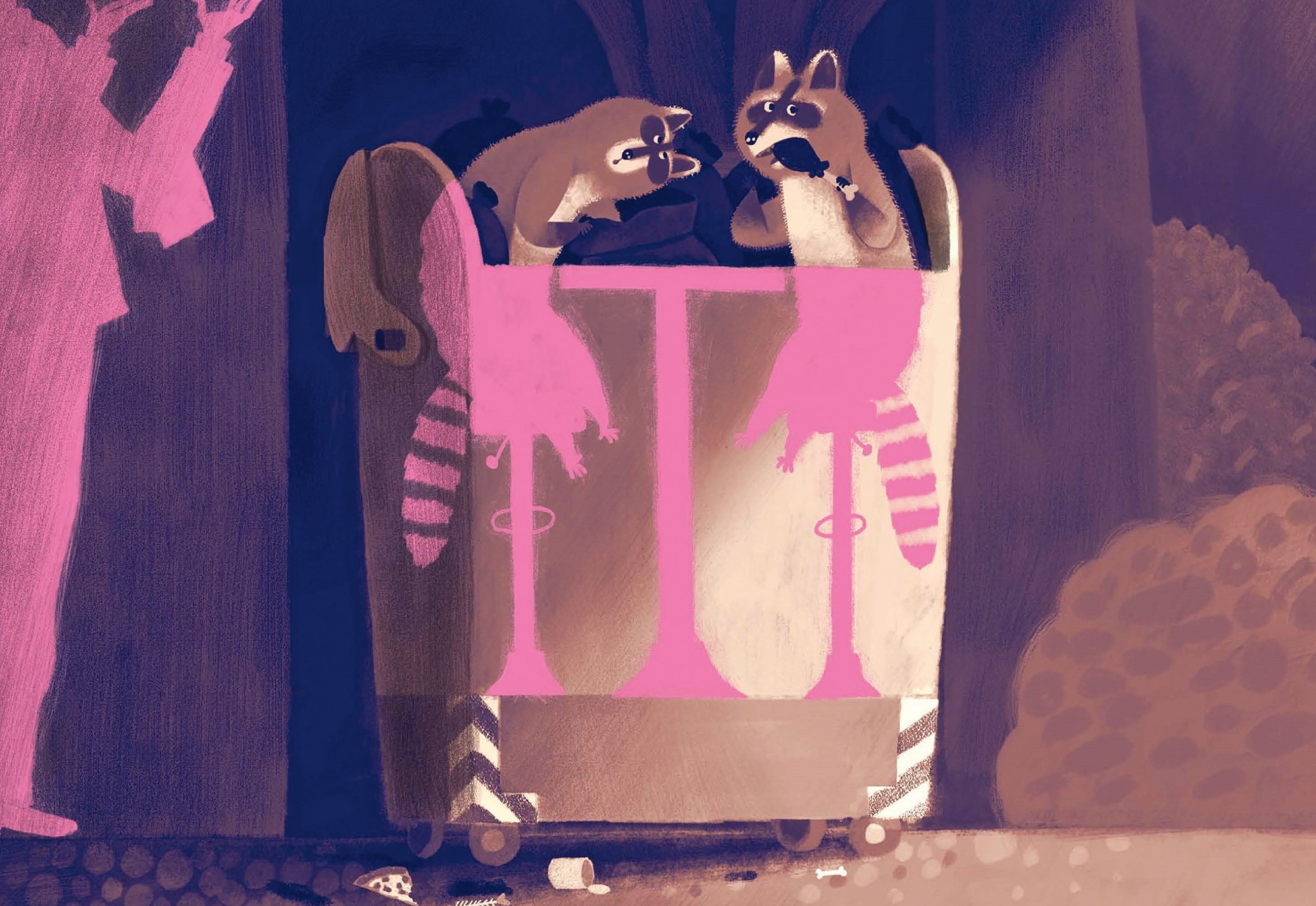 An illustration of raccoons in a dumpster