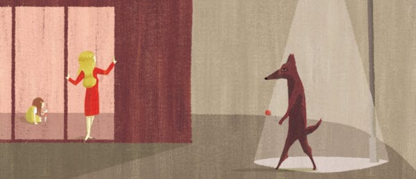 Illustration of a wolf walking toward a house with a woman and child inside from the interior of Valérie Fontaine and Nathalie Dion's The Big Bad Wolf in My House