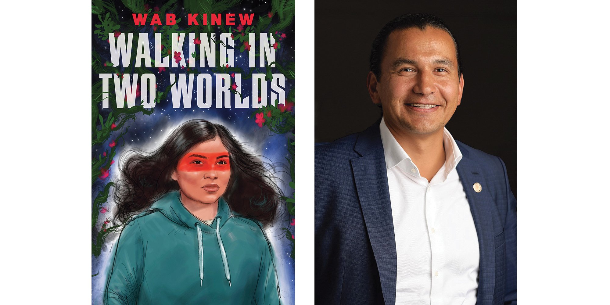 The cover of Wab Kinew's Walking in Two Worlds with a photo of the author