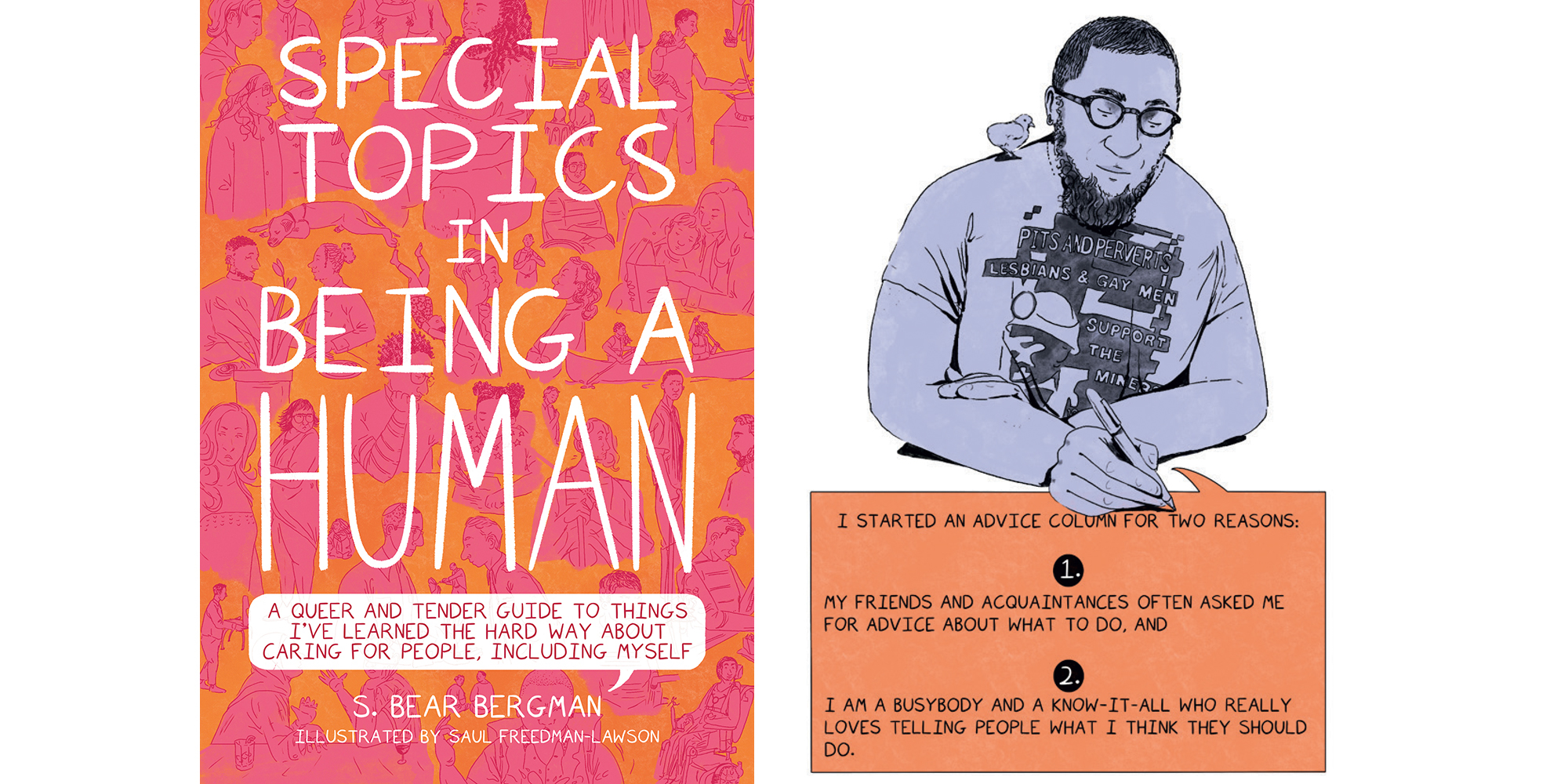 The cover of Special Topics in Being a Human by S. Bear Bergman and illustrator Saul Freedman-Lawson with an illustration of the author