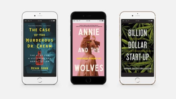 The covers of The Case of the Murderous Dr. Cream, Annie and the Wolves, and Billion Dollar Start-Up as seen on mobile devices