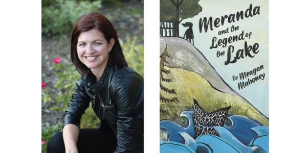 A photo of author Meagan Mahoney and cover of her book Meranda and the Legend of the Lake