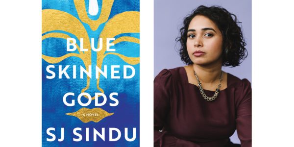 The cover of SJ Sindu's Blue Skinned Gods and a photo of the author