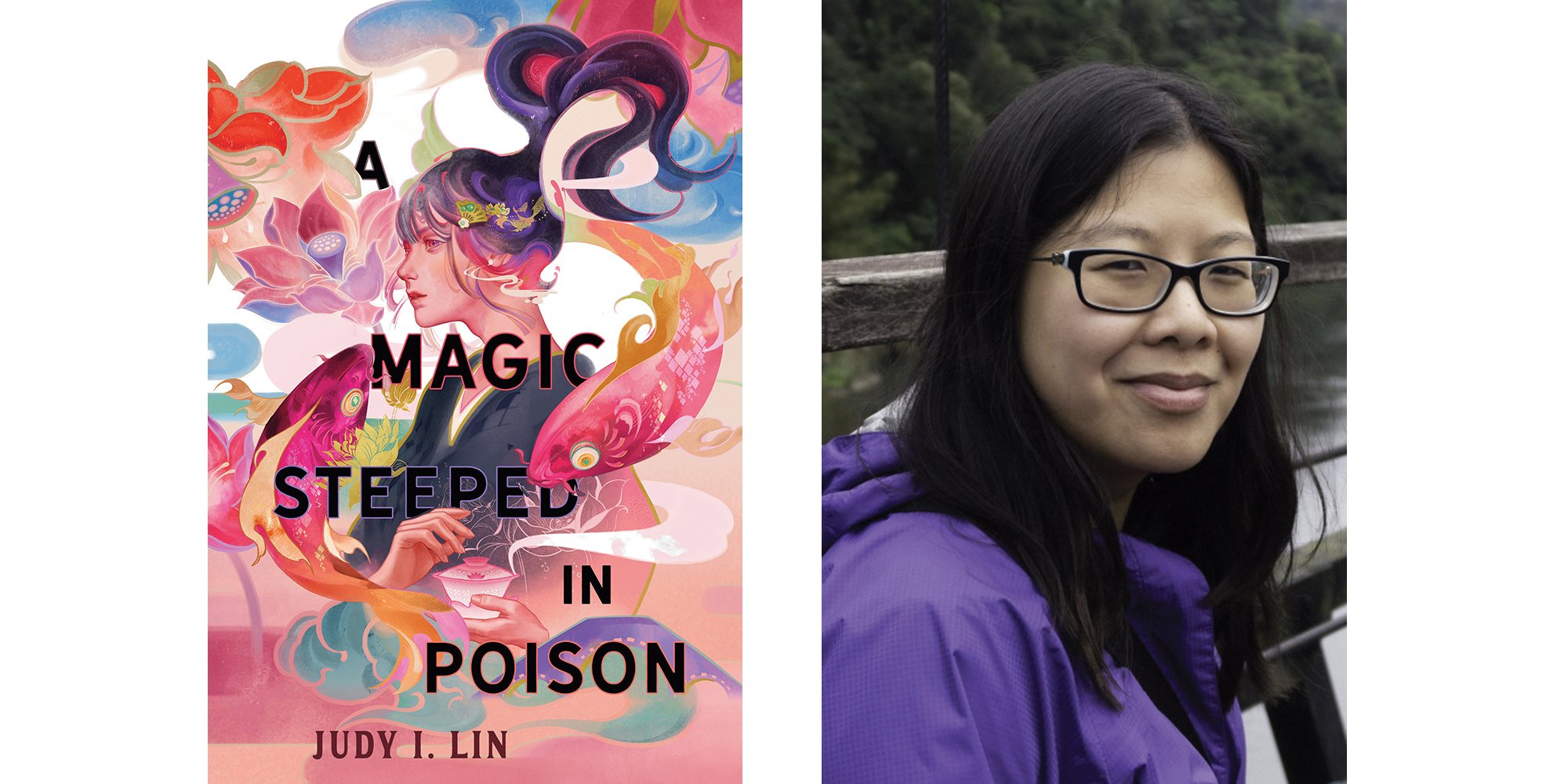 Cover of A Magic Steeped in Poison; A woman with long black hair wearing glasses and a purple hooded jacket