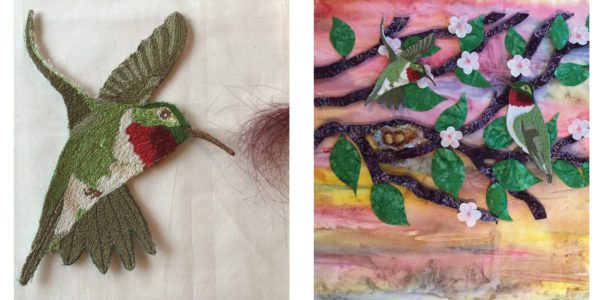 An embroidered green bird with a red chest; a birds' nest sits on the lower branches of a tree while two green and red birds hover nearby.