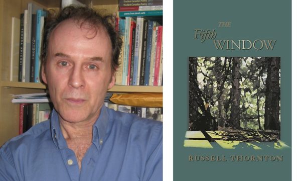 A man wearing a blue button-up shirt sits in front of a bookshelf; book cover of The Fifth Window