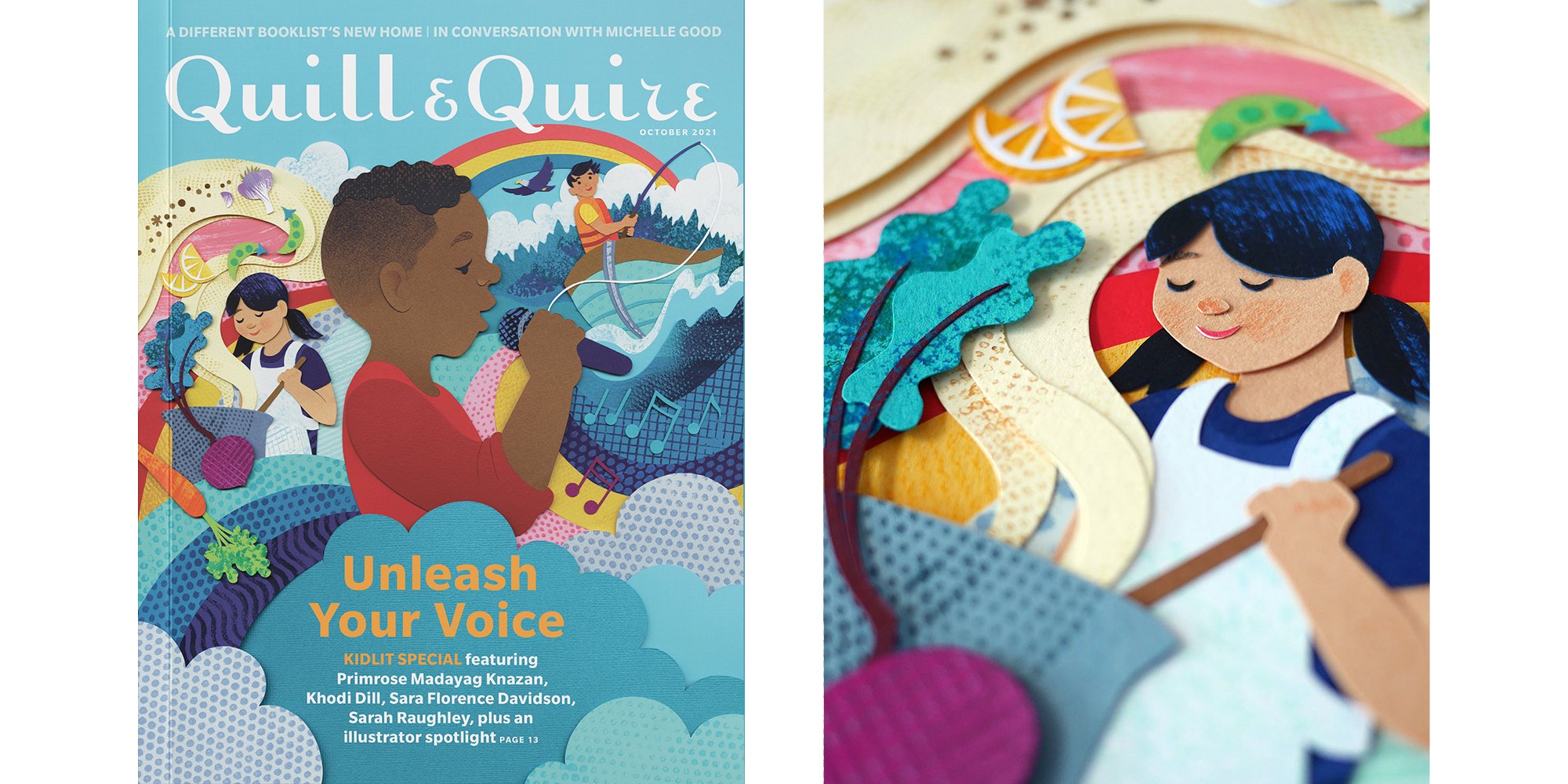 The October cover of Quill & Quire; a detailed image of the cover showing a child stirring a pot.