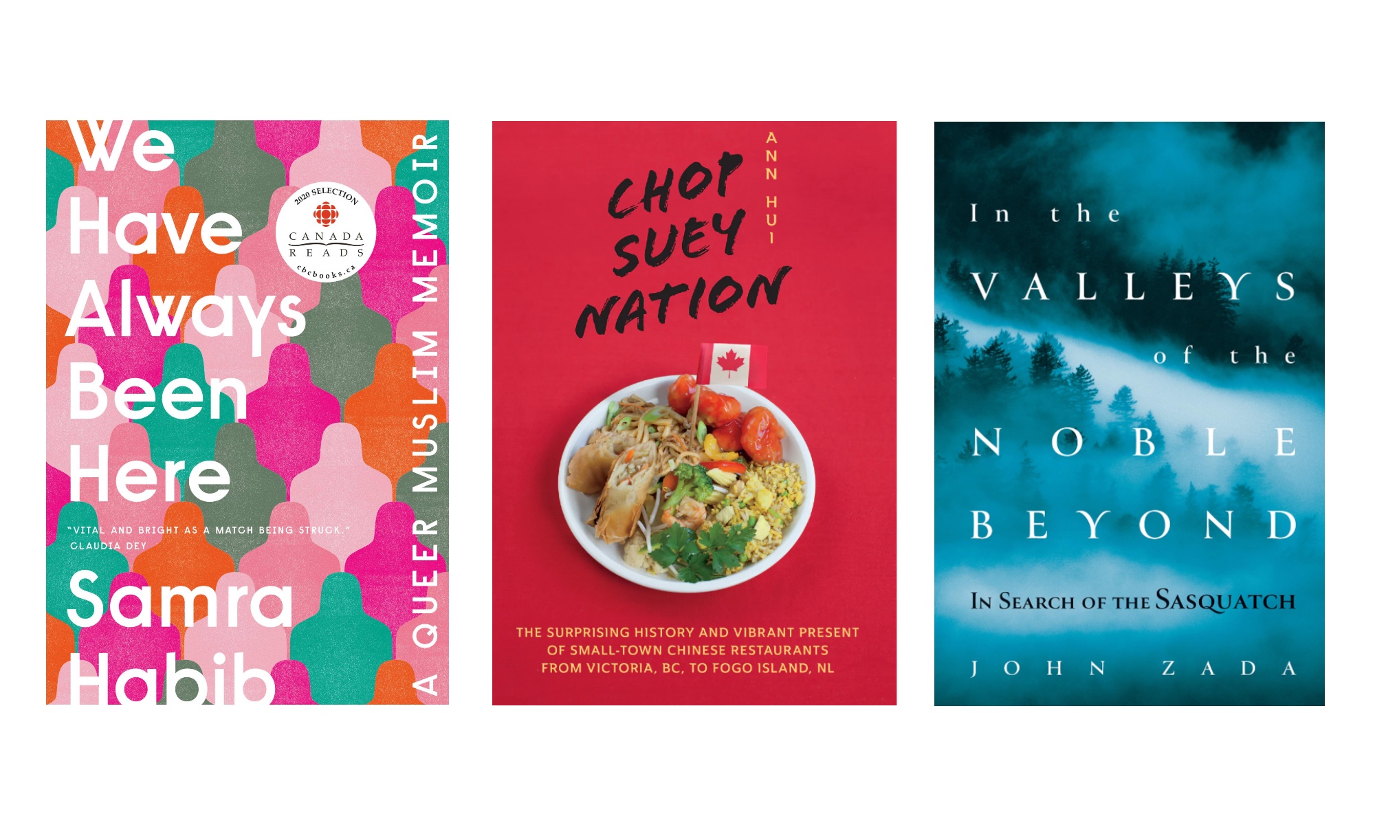 Book covers of We Have Always Been Here, Chop Suey Nation, and In the Valleys of the Noble Beyond
