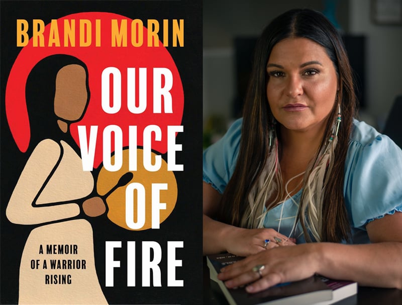 Cover of Our Voice of Fire; an Indigenous woman wearing a blue shirt sits with her hands on a table.