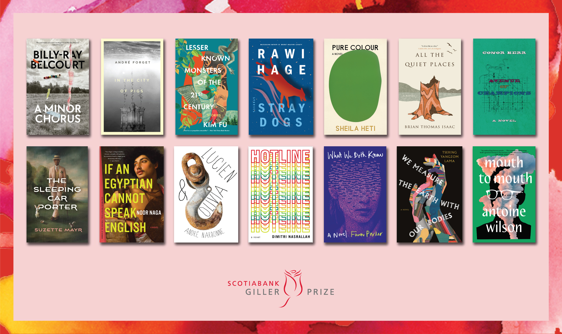 The covers of the 14 books longlisted for the 2022 Giller Prize set on a pink background.