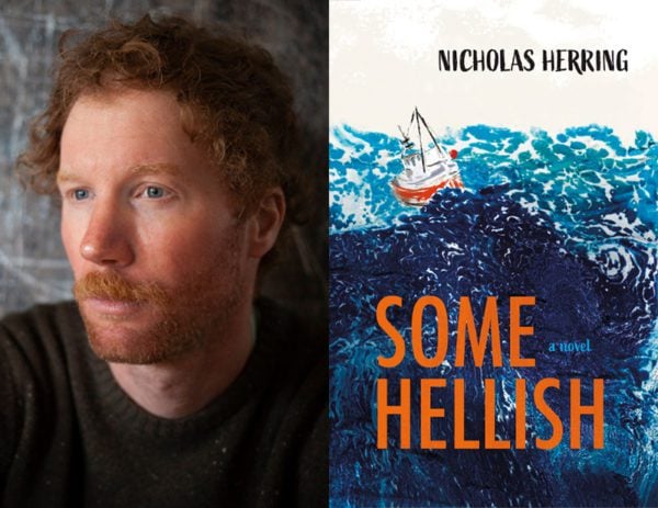 Red-haired man and cover of novel called Some Hellish