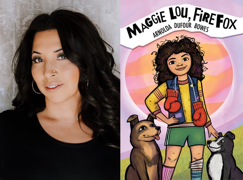 author headshot and cover art for Maggie Lou, Firefox - both author and main character have wavy black hair, light brown skin tones, and smiles.