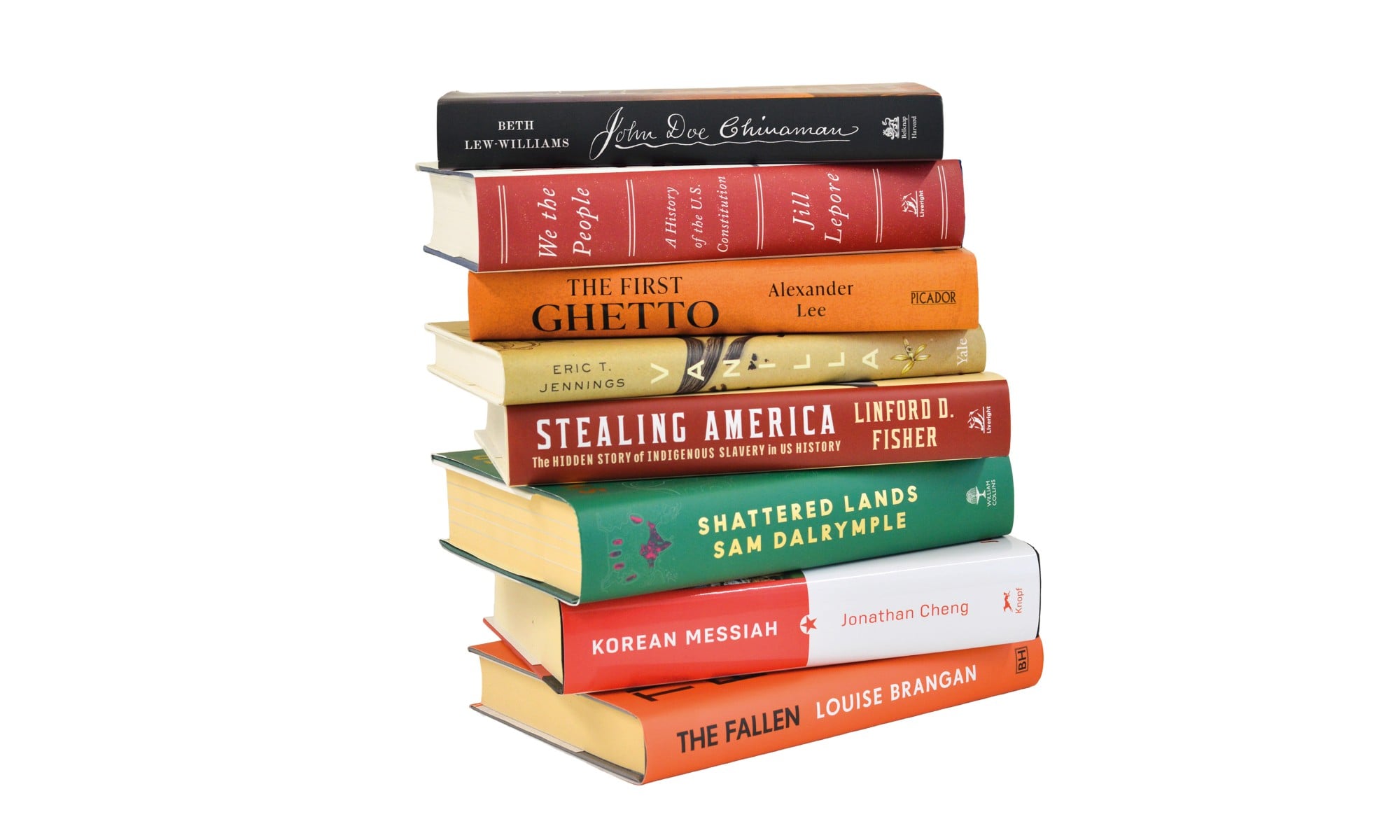 An image of a stack of seven hardcover books.