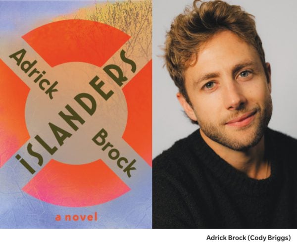 A colourful novel cover with an orange life-ring design and large diagonal lettering, beside a head-and-shoulders portrait of a light-skinned man with short, tousled light-brown hair, a trimmed beard, and a black sweater against a pale background.