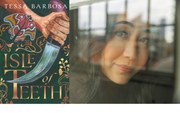 Cover of Tessa Barbosa’s Isle of Teeth, featuring a colourful moth and a hand gripping a curved blade, beside a portrait of a dark-haired woman looking through a window.